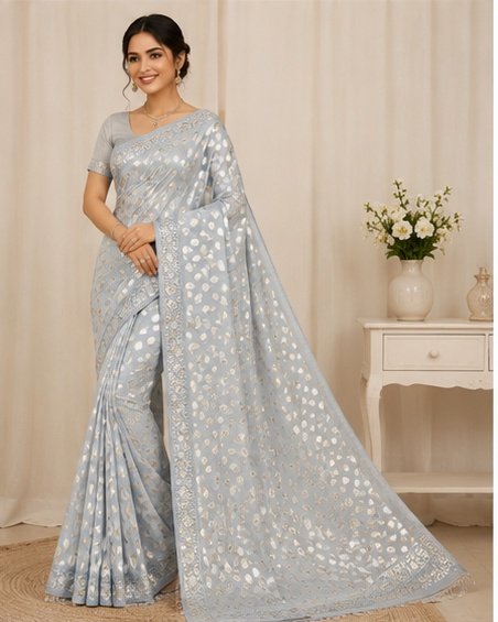 Pastel Mint Paisley Printed Designer Saree - Image 6