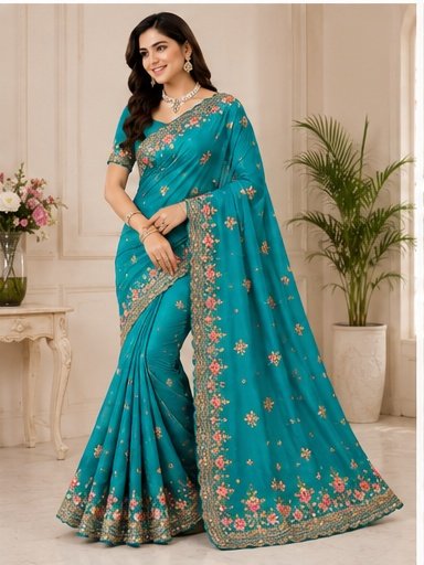 Royal Blue Floral Embroidered Designer Saree - Image 4