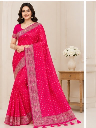 Printed Polka Dot Designer Saree with Embroidered Border