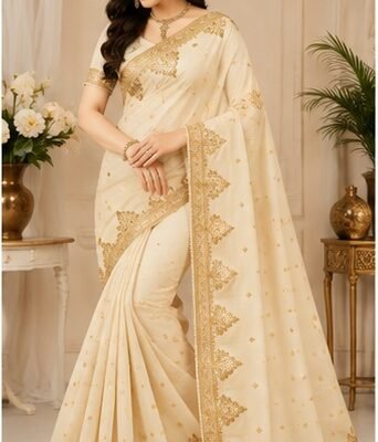 Teal Blue Embroidered Saree with Heavy Golden Border