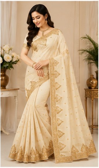 Teal Blue Embroidered Saree with Heavy Golden Border