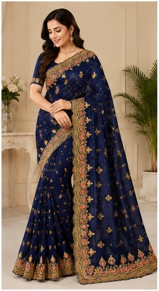Pink Floral Embroidered Designer Saree
