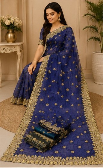 Peach Floral Embroidered Designer Saree - Image 4