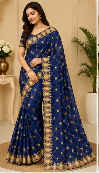 Red Gold Embroidered Designer Saree - Image 3