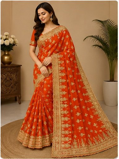 Red Gold Embroidered Designer Saree - Image 3
