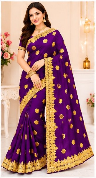Navy Blue Gold Embroidered Designer Saree - Image 3