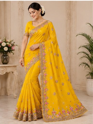 Royal Blue Floral Embroidered Designer Saree - Image 3