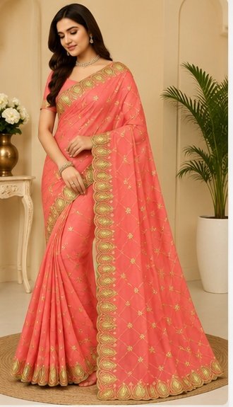 Red Gold Embroidered Designer Saree - Image 2