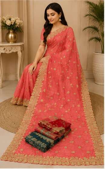Peach Floral Embroidered Designer Saree - Image 3