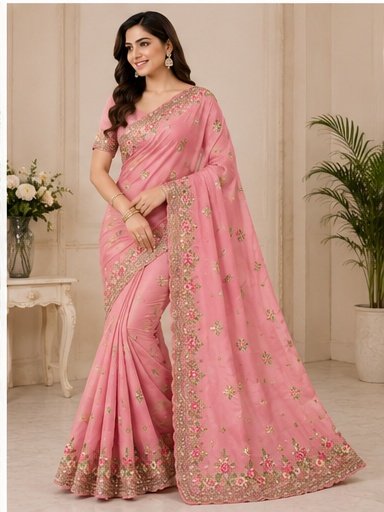 Royal Blue Floral Embroidered Designer Saree - Image 2
