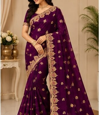 Magenta Gold Embroidered Designer Saree