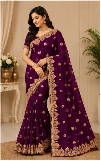 Magenta Gold Embroidered Designer Saree
