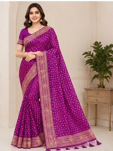 Printed Polka Dot Designer Saree with Embroidered Border - Image 8