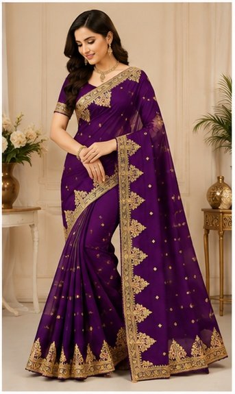 Teal Blue Embroidered Saree with Heavy Golden Border - Image 2