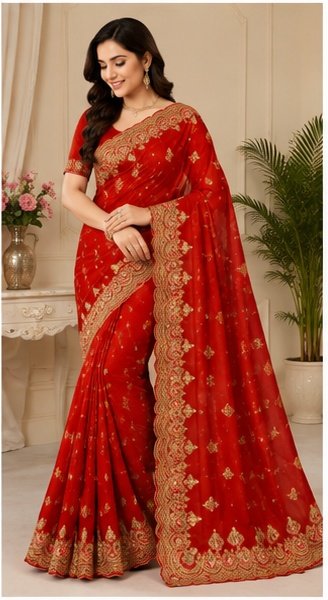 Pink Floral Embroidered Designer Saree - Image 8