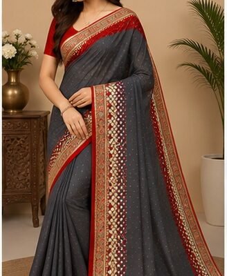 Charcoal Grey Designer Saree with Multicolour Embroidered Border