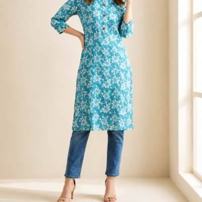 Women’s Blue Floral Print Kurti | Feeling Celebration