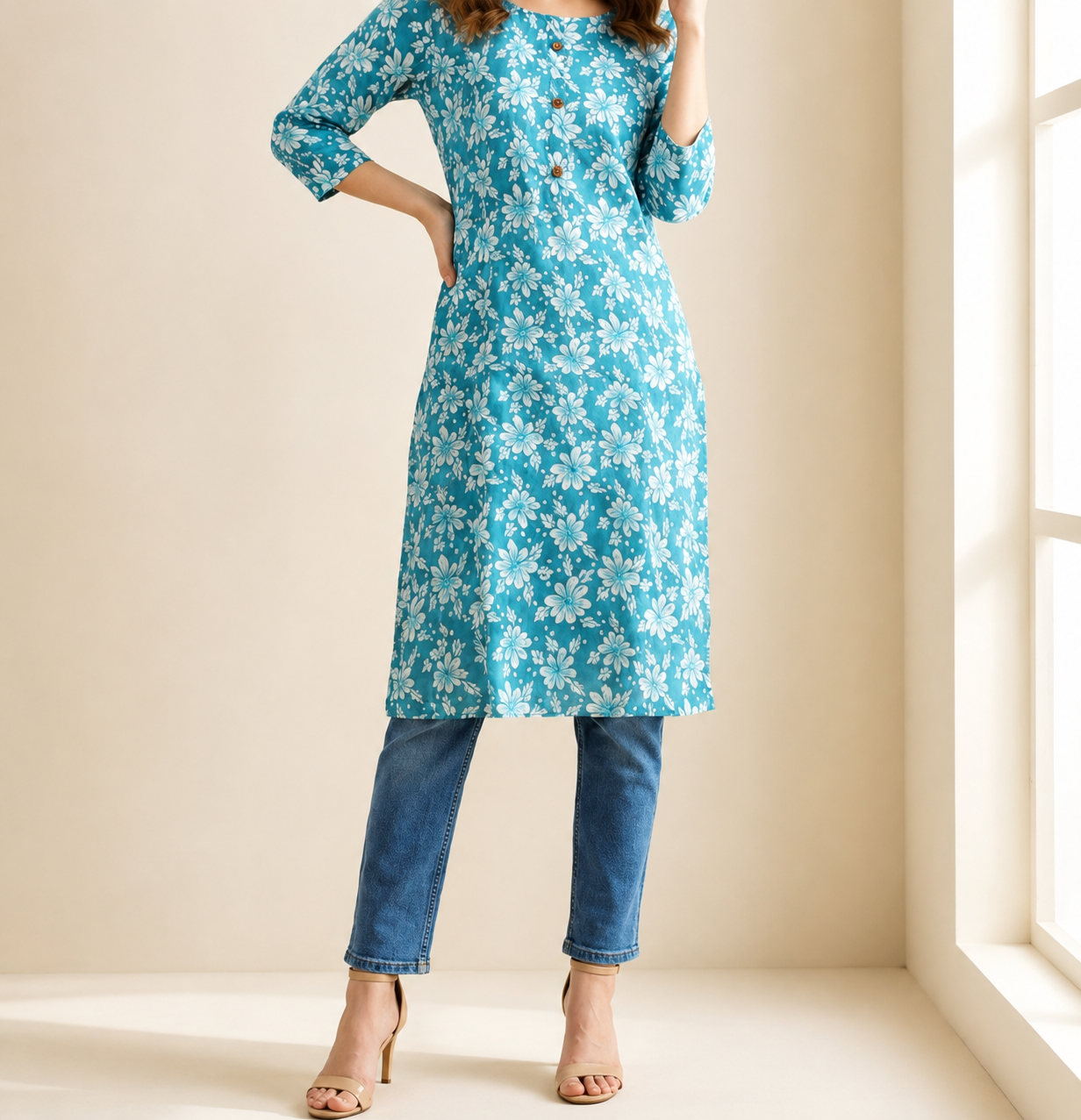 Women’s Blue Floral Print Kurti | Feeling Celebration