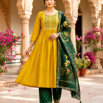 Mustard Yellow Anarkali Suit with Green Dupatta | Feeling Celebration