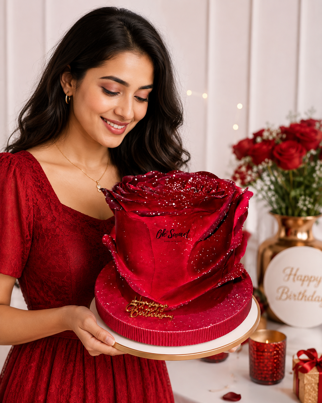 Luxury Red Rose Shape Birthday Cake - Image 3
