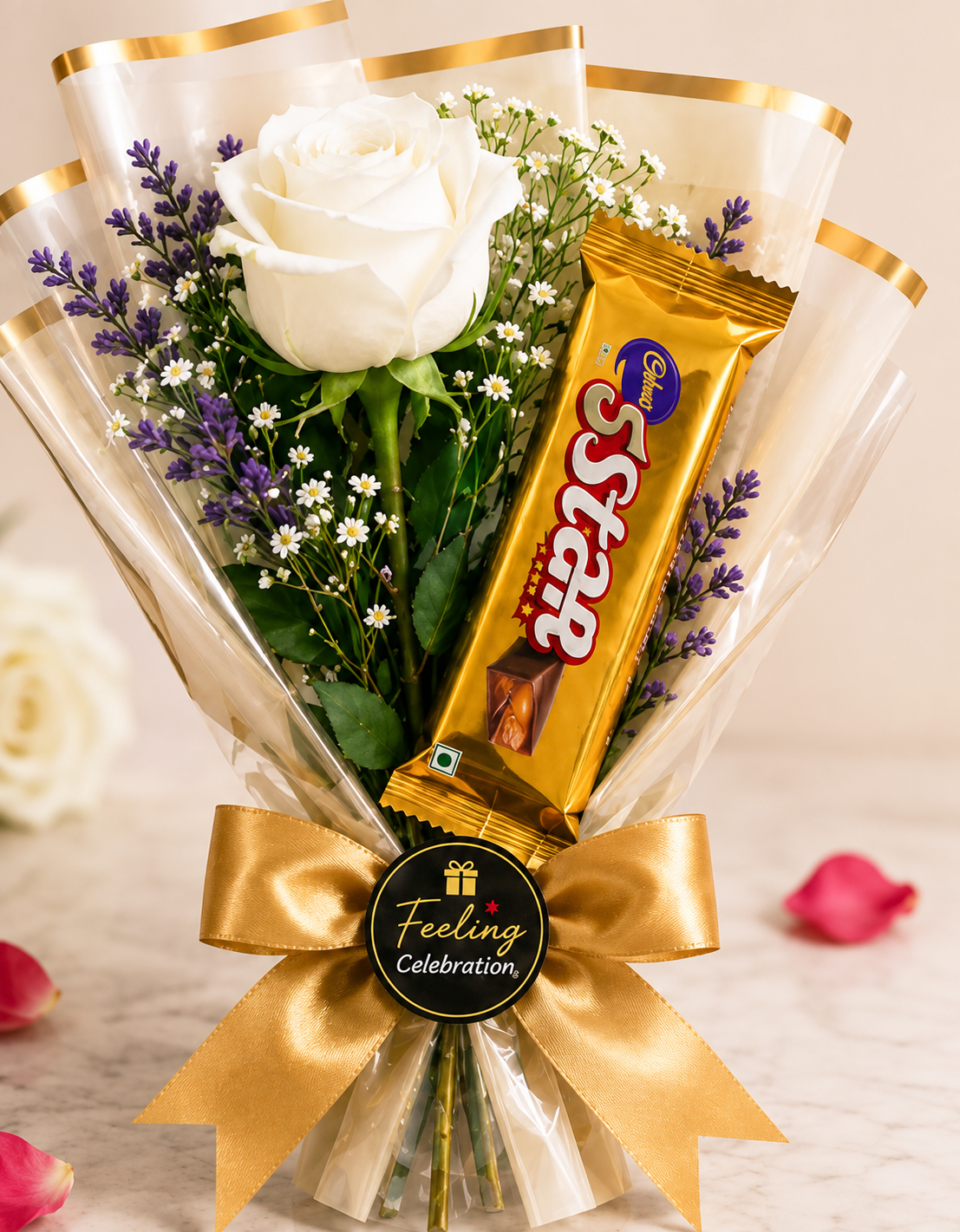 Elegant White Rose & 5 Star Chocolate Bouquet