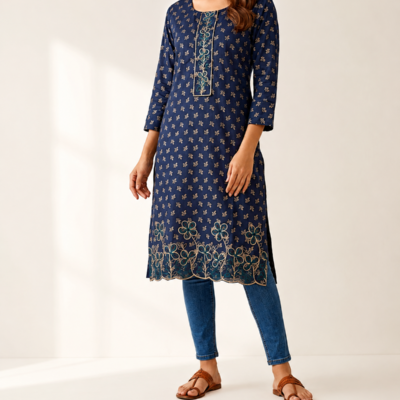 Women’s Navy Blue Floral Embroidered Straight Kurta | Feeling Celebration
