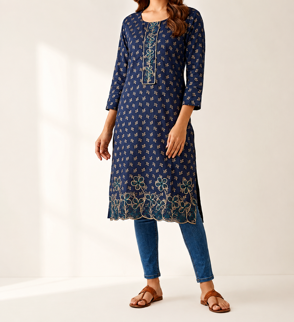 Women’s Navy Blue Floral Embroidered Straight Kurta | Feeling Celebration