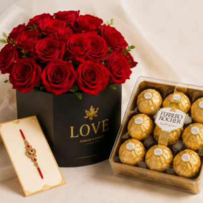 Luxury Red Rose Box with Ferrero Rocher & Designer Rakhi Combo