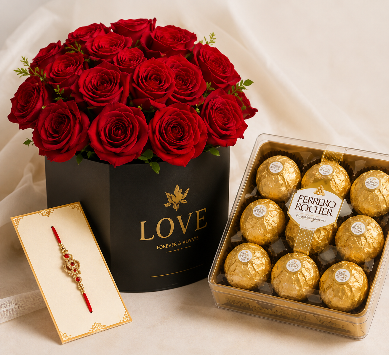 Luxury Red Rose Box with Ferrero Rocher & Designer Rakhi Combo
