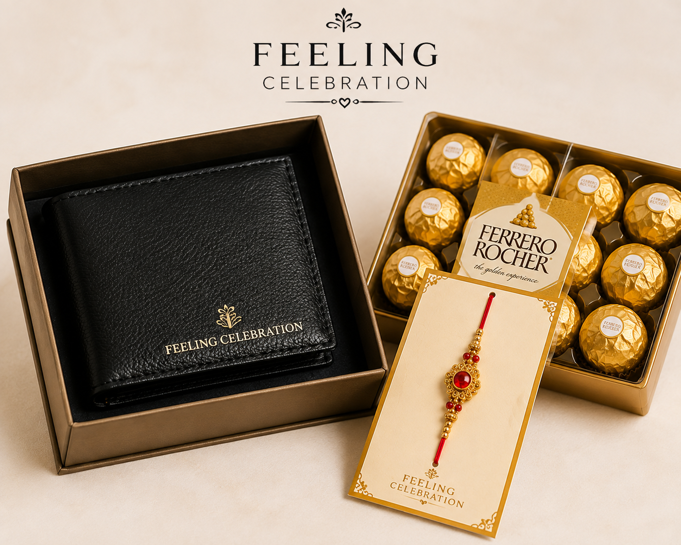 Feeling Celebration Premium Wallet, Ferrero Rocher & Designer Rakhi Gift Combo