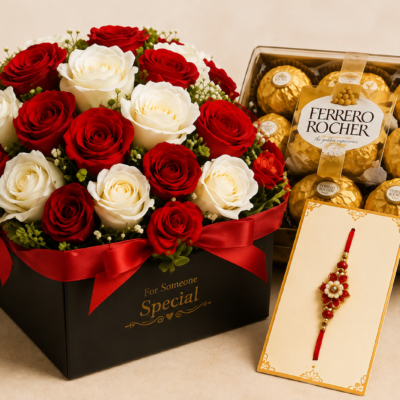 Royal Red & White Rose Box with Ferrero Rocher & Rakhi | Feeling Celebration