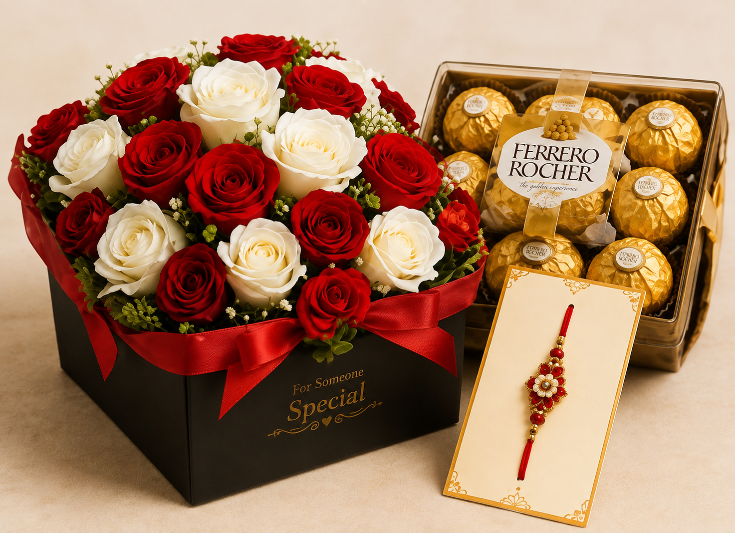 Royal Red & White Rose Box with Ferrero Rocher & Rakhi