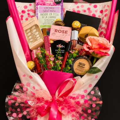 Pink Beauty & Chocolate Gift Bouquet – Glamorous Makeup Hamper