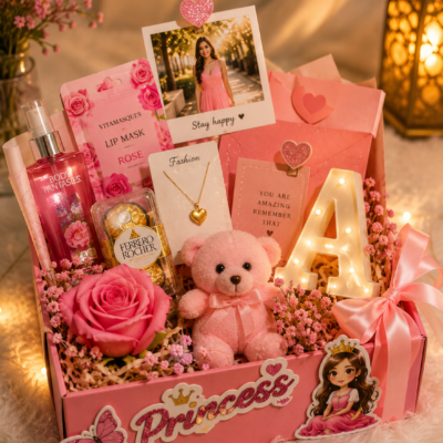 Pink Princess Personalized Gift Hamper – Beauty, Teddy & Chocolate | Feeling Celebration