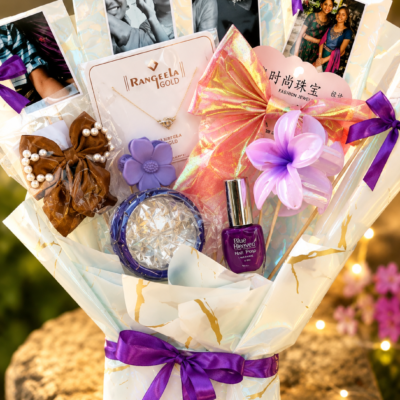 Purple & White Personalized Photo Gift Bouquet – Jewellery & Beauty Hamper | Feeling Celebration