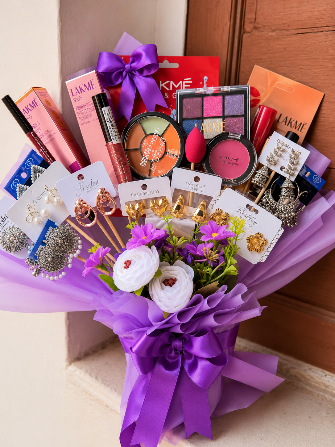 Purple Lakmé Makeup & Jewellery Gift Bouquet – Luxury Beauty Hamper
