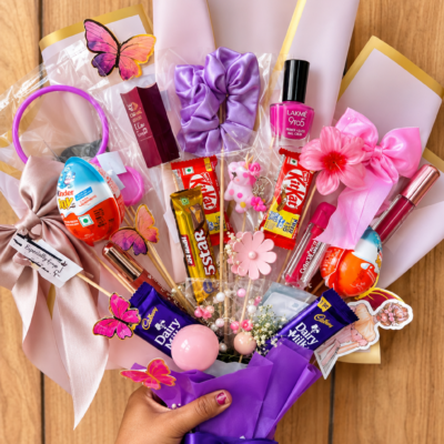 Purple Chocolate & Beauty Gift Bouquet – Premium Birthday Hamper