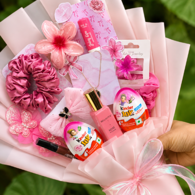 Pink Beauty & Chocolate Gift Bouquet – Perfume, Jewellery & Kinder Joy