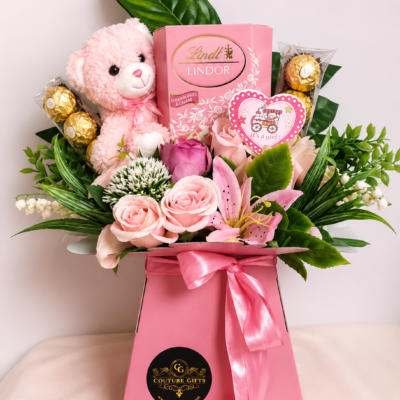 Pink Teddy Bear & Chocolate Gift Bouquet – Baby Girl Special Gift Hamper