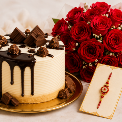 Chocolate Cake with Red Roses & Designer Rakhi Gift Combo