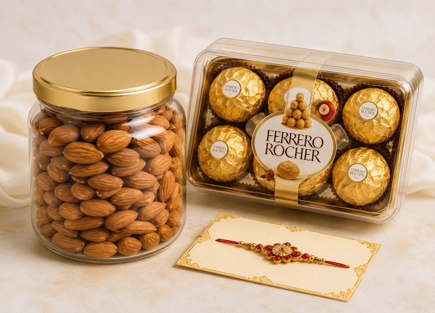 Premium Almonds, Ferrero Rocher & Designer Rakhi Gift Combo