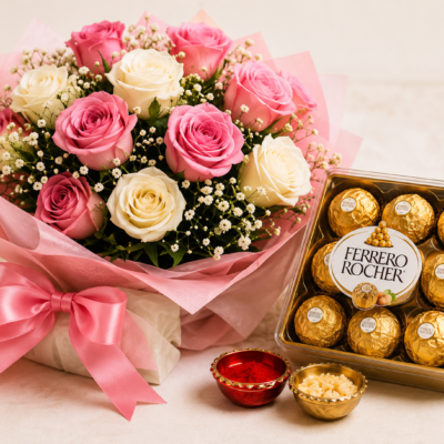Pink & White Rose Bouquet with Ferrero Rocher Gift Combo