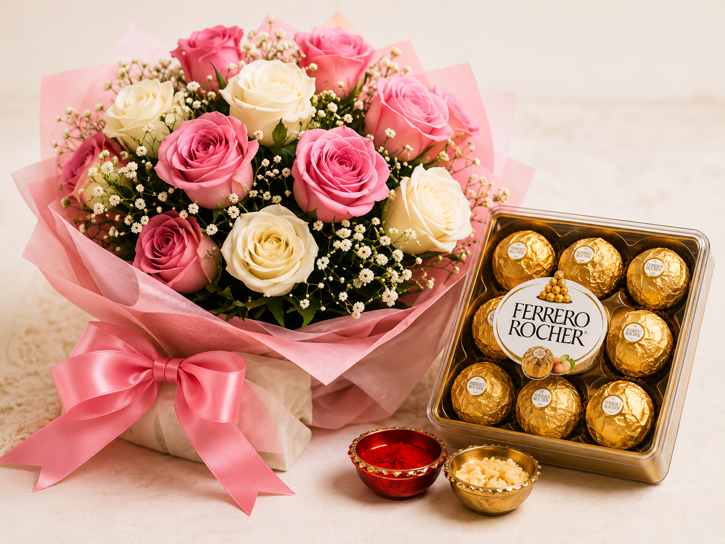 Pink & White Rose Bouquet with Ferrero Rocher Gift Combo