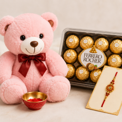 Pink Teddy Bear & Ferrero Rocher Designer Rakhi Gift Combo