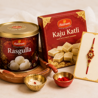 Rasgulla, Kaju Katli & Designer Rakhi Gift Combo