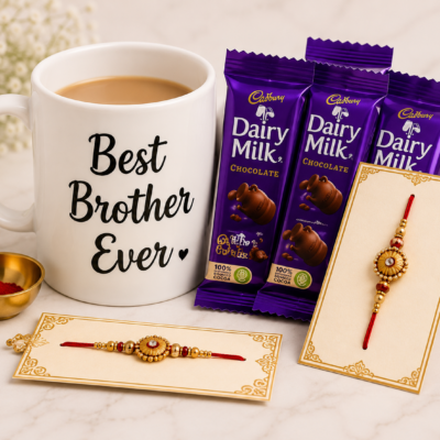 Best Brother Ever Mug, Dairy Milk & Designer Rakhi Gift Combo