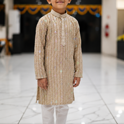 Boys Beige Gold Embroidered Traditional Kurta Pajama Set