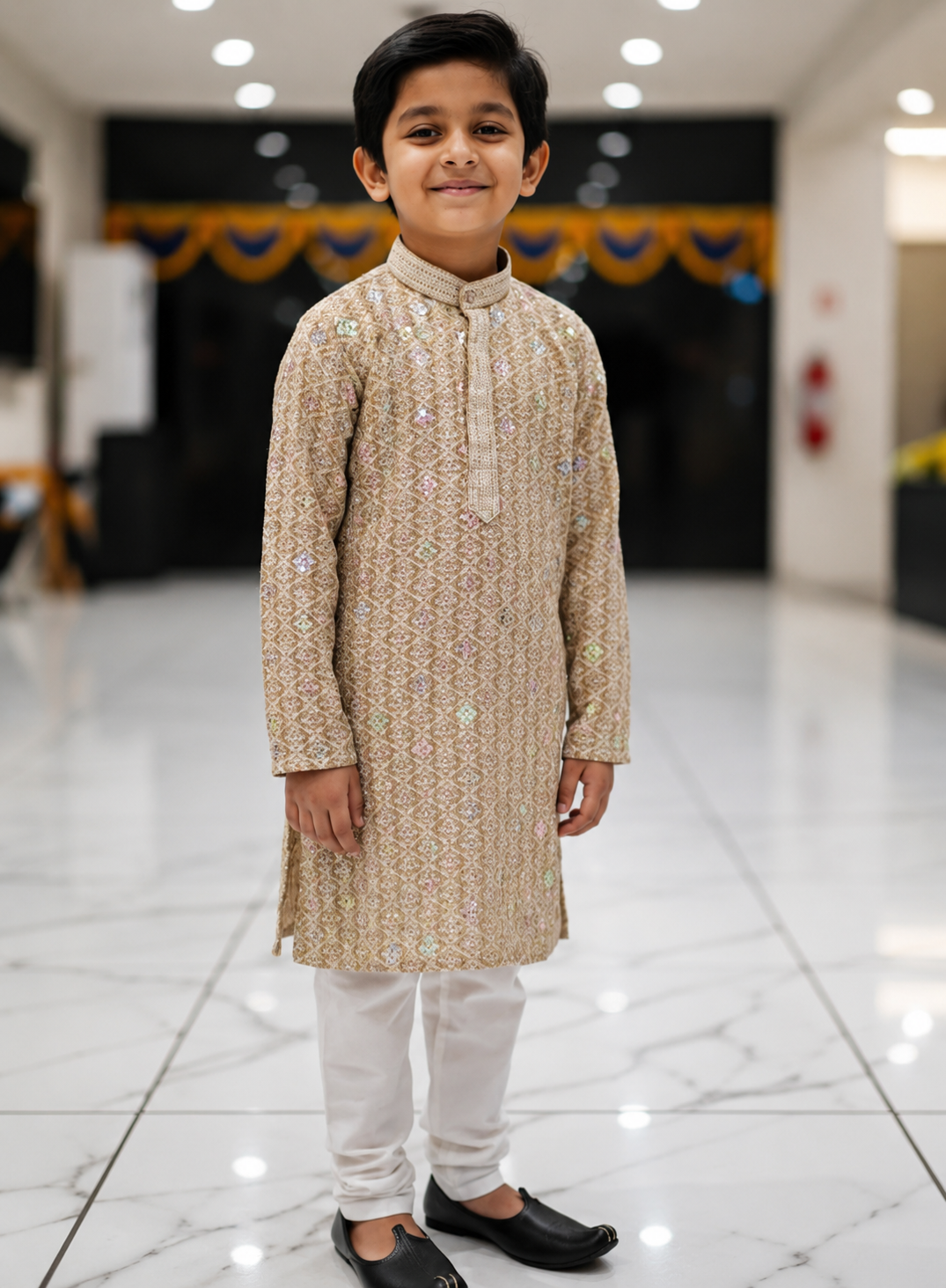 Boys Beige Gold Embroidered Traditional Kurta Pajama Set