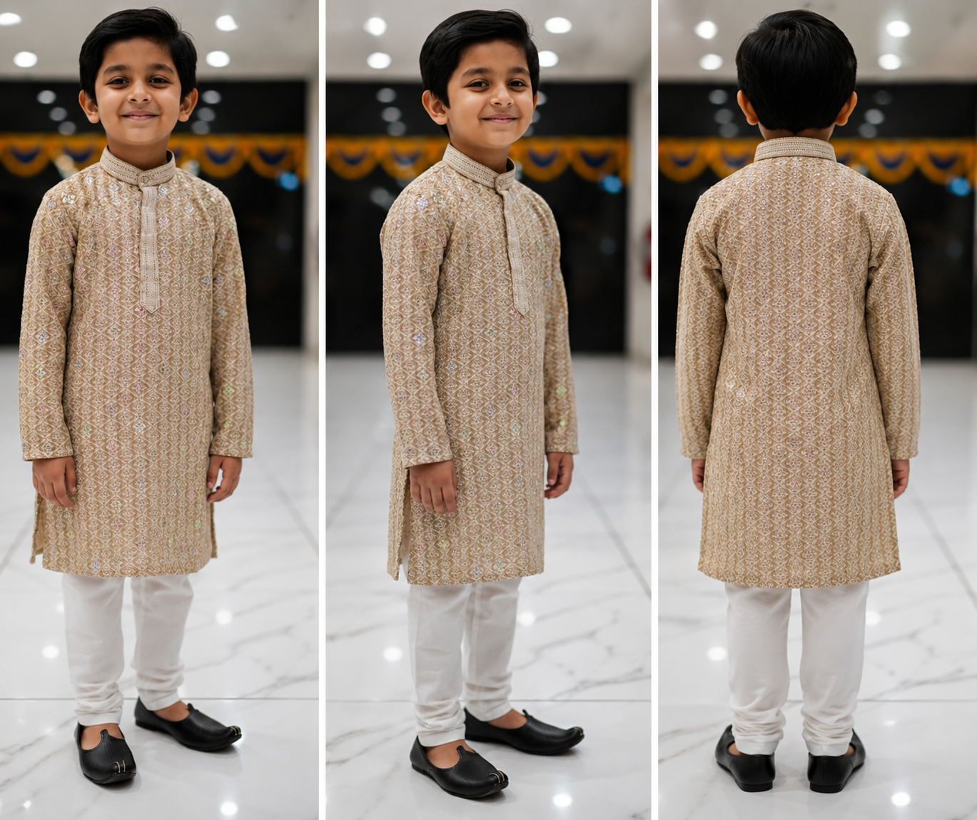 Boys Beige Gold Embroidered Traditional Kurta Pajama Set - Image 2