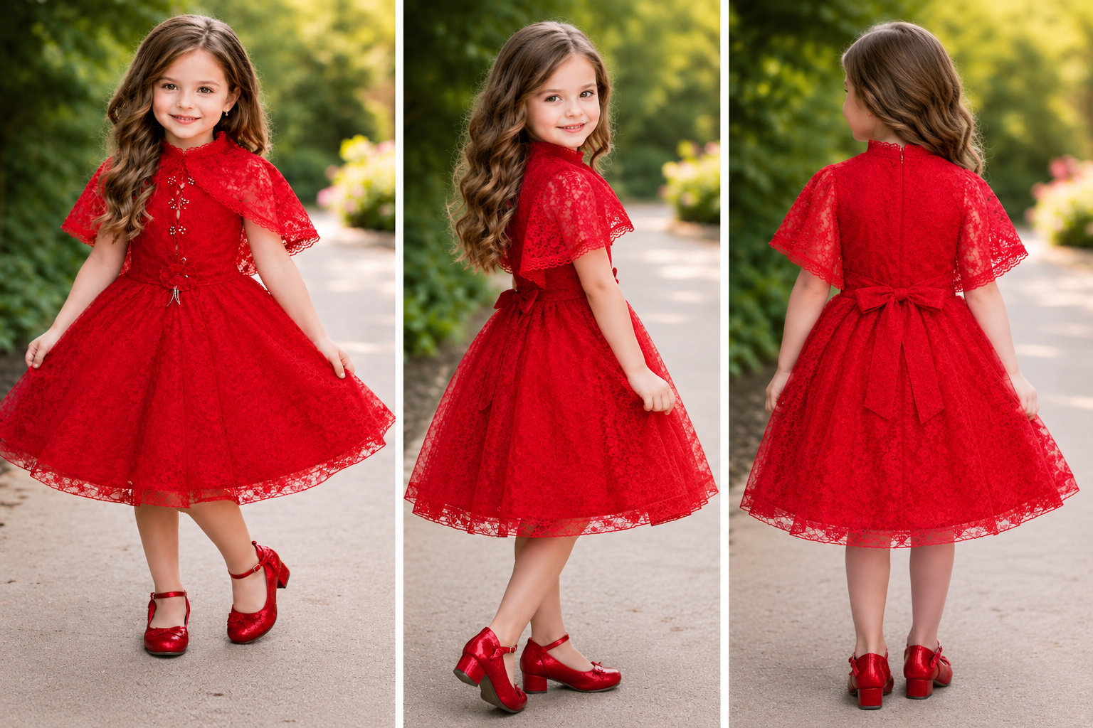 Girls Red Lace Party Wear Frock Dress - Image 2